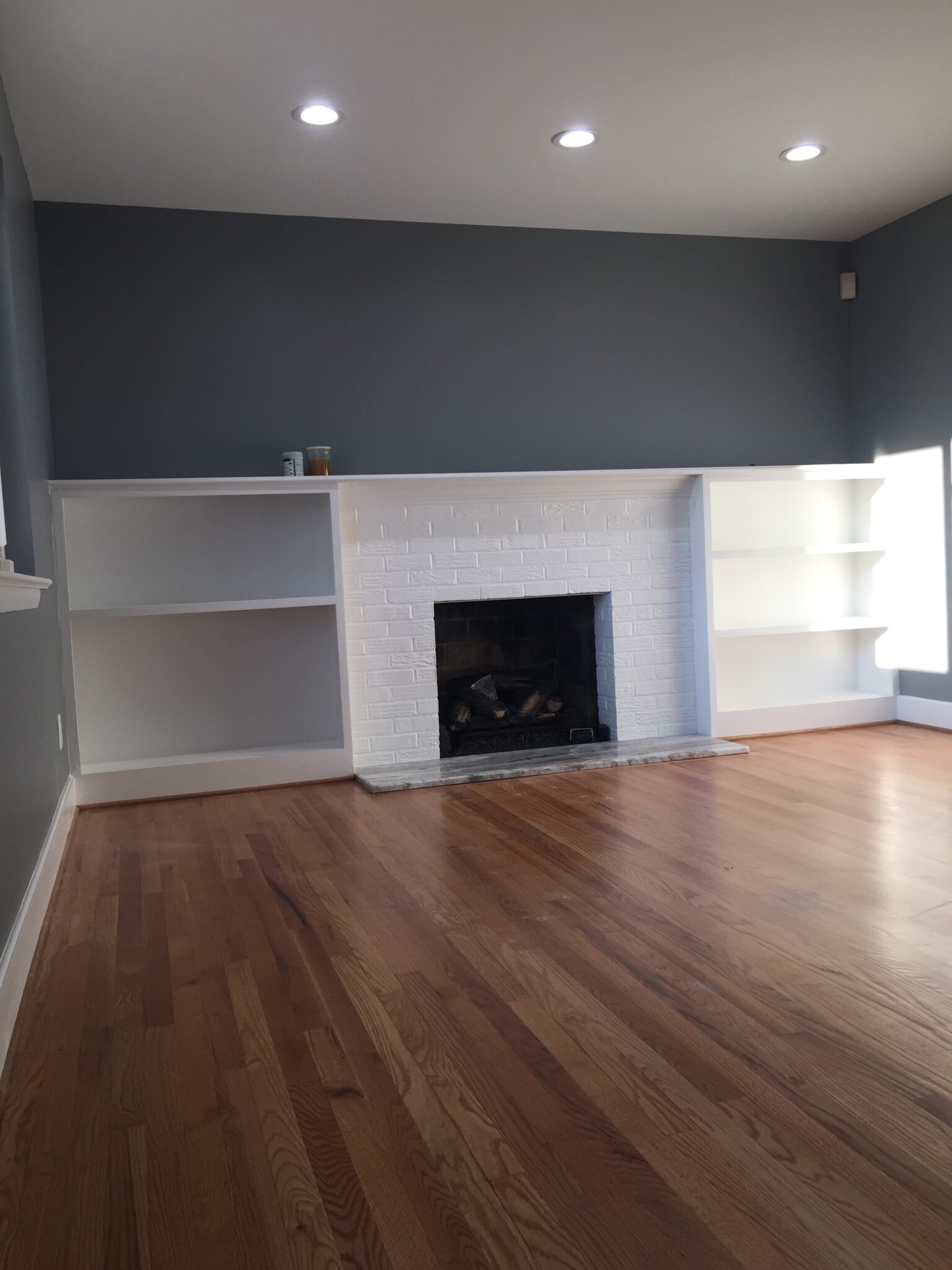 Shelving, hardwood floor, chimney hearth and Painting